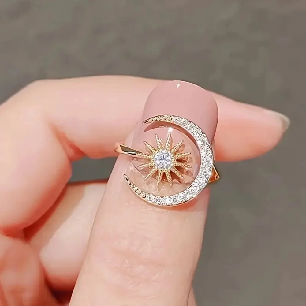 Adjustable Moon & Star Ring | Zinc Alloy Open Couple Ring with Rhinestones 🌙⭐️